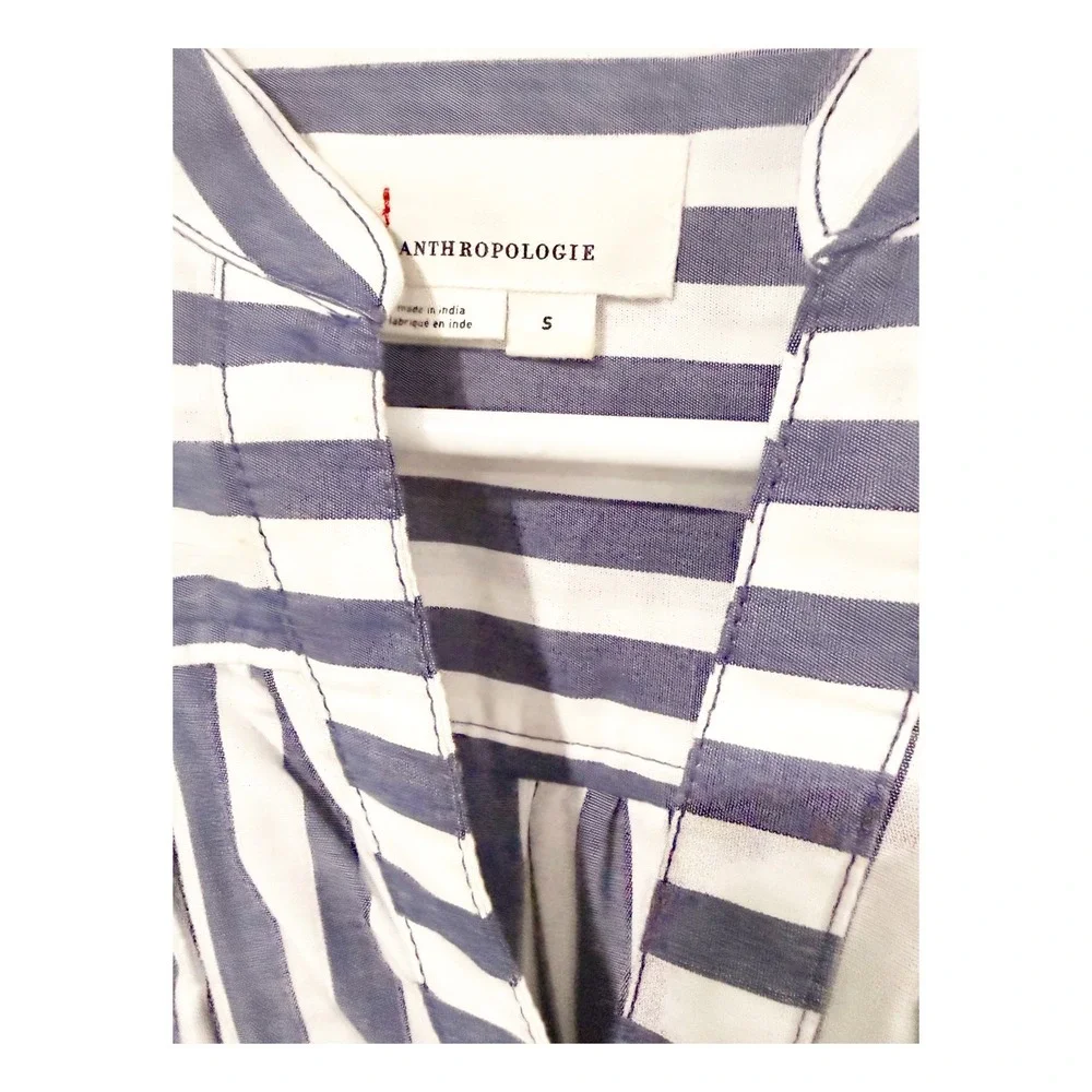 Anthropologie Striped Puff Sleeve Blouse Blue White Split Neck Pintuck Hem Small